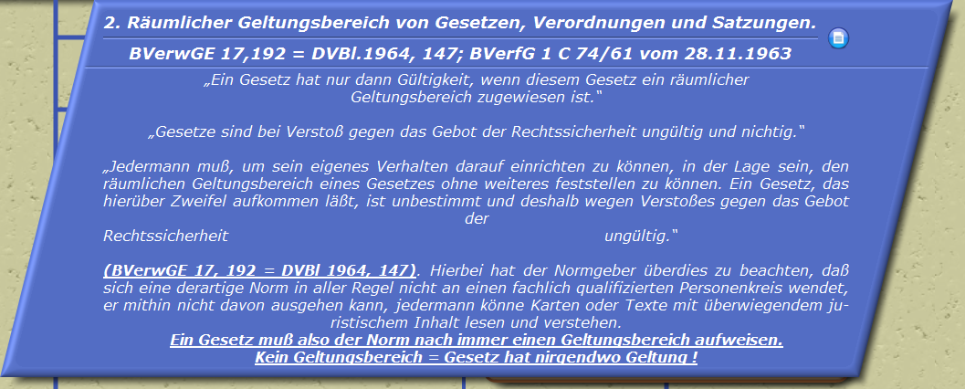 Räumlicher Geltungsbereich von Gesetzen, Verordnungen und Satzungen.

BVerwGE 17,192 = DVBl.1964, 147; BVerfG 1 C 74/61 vom 28.11.1963